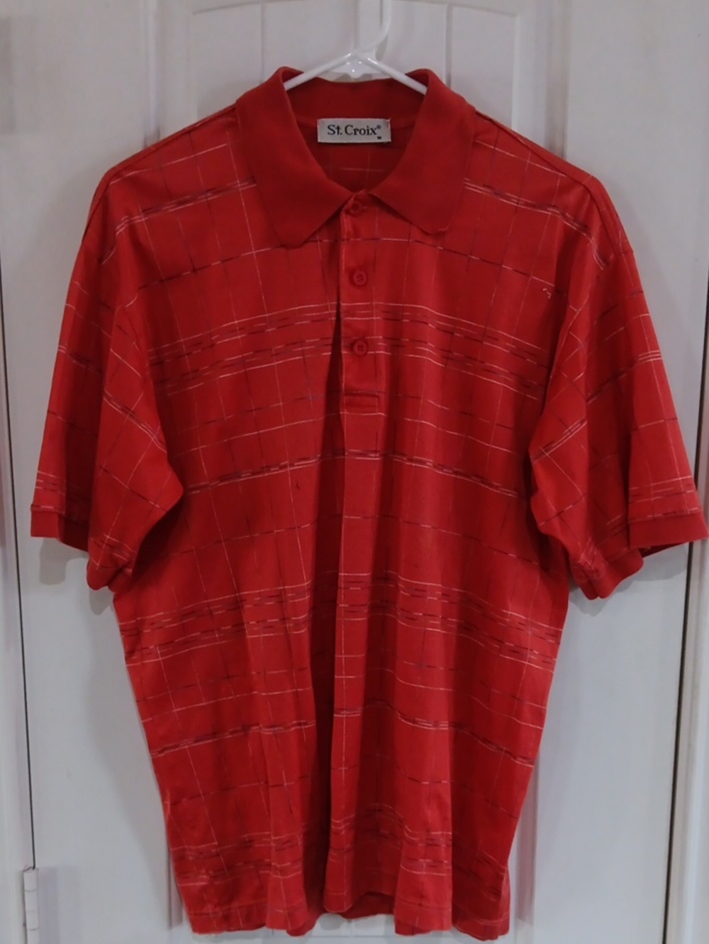 St. Croix Men's Red Short-Sleeve Polo with Subtle Windowpane